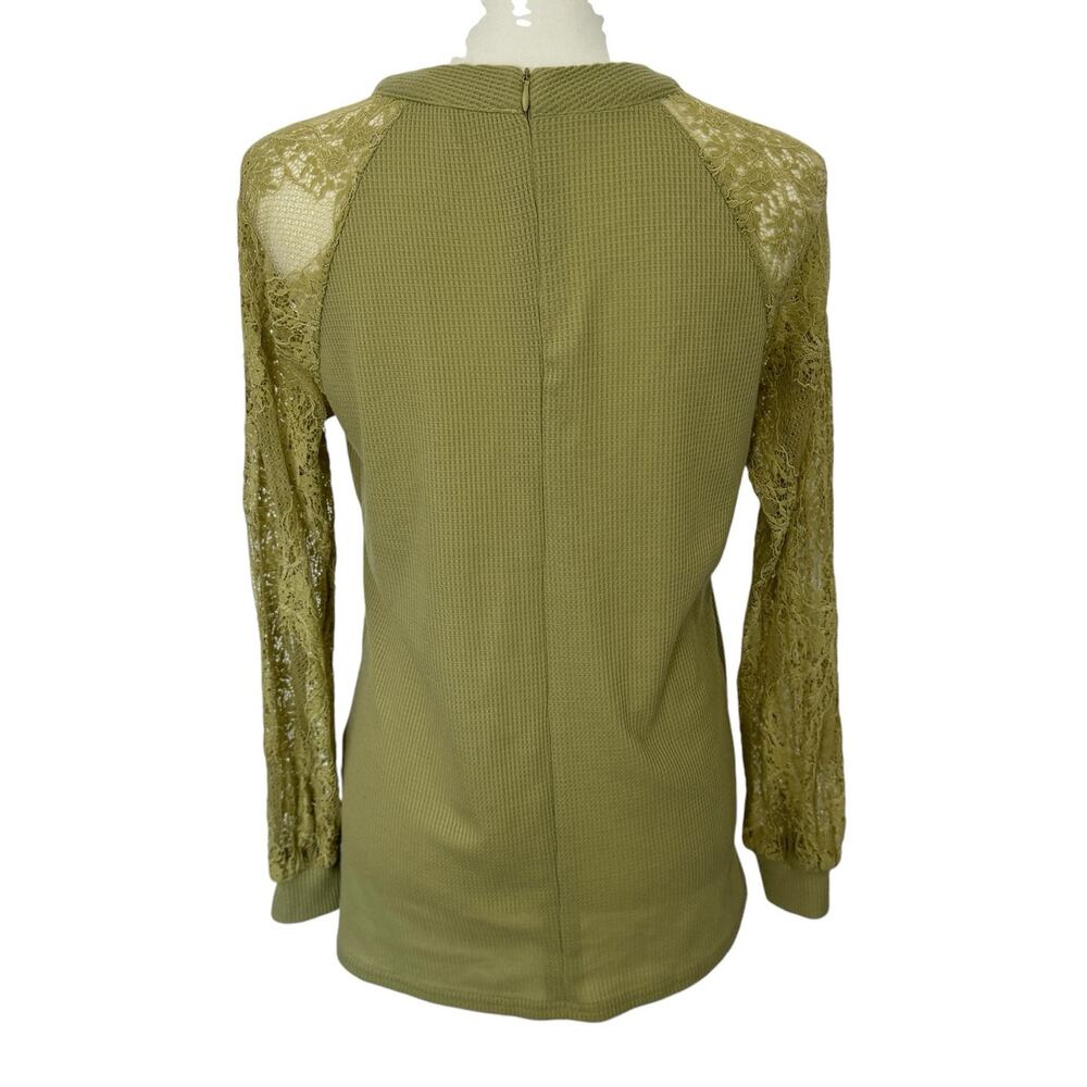 MIHOLL Olive Green Waffle Knit Top with Sheer Floral Lace Long Sleeve Size Small - Picture 3 of 11